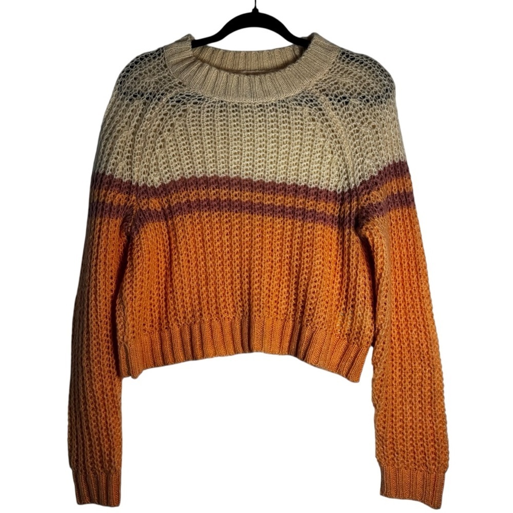 American Eagle Outfitters Cream and Orange Cropped Knit Small Sweater